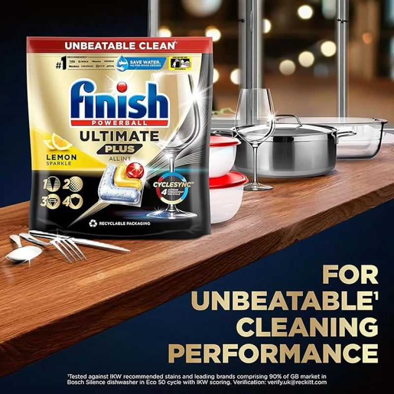Túi 33 viên Finish Ultimate Plus 2025 hương chanh, chuẩn châu Âu, siêu cao cấp, 16 tính năng/viên, dùng cho máy rửa chén 13-15 bộ